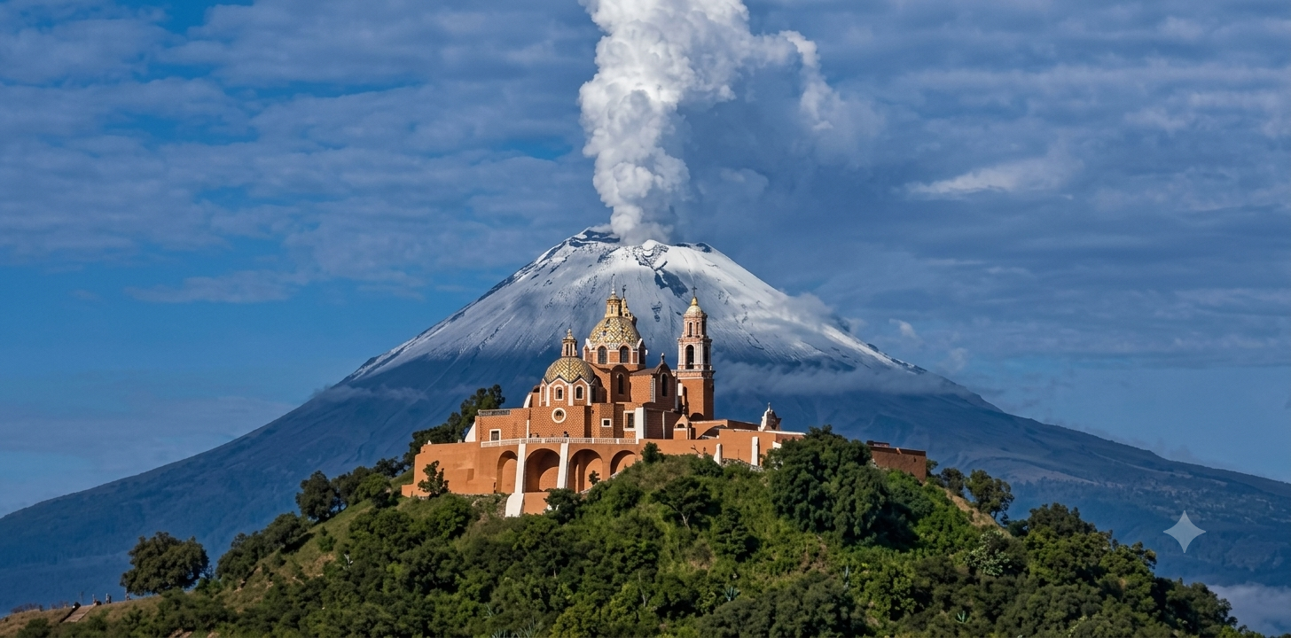 Santuario de Nuestra Señora de los Remedios en Cholula, con el volcán Popocatépetl al fondo