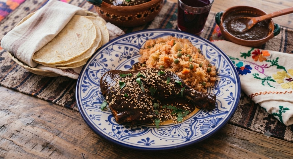 Mole poblano con arroz y tortillas en loza de talavera